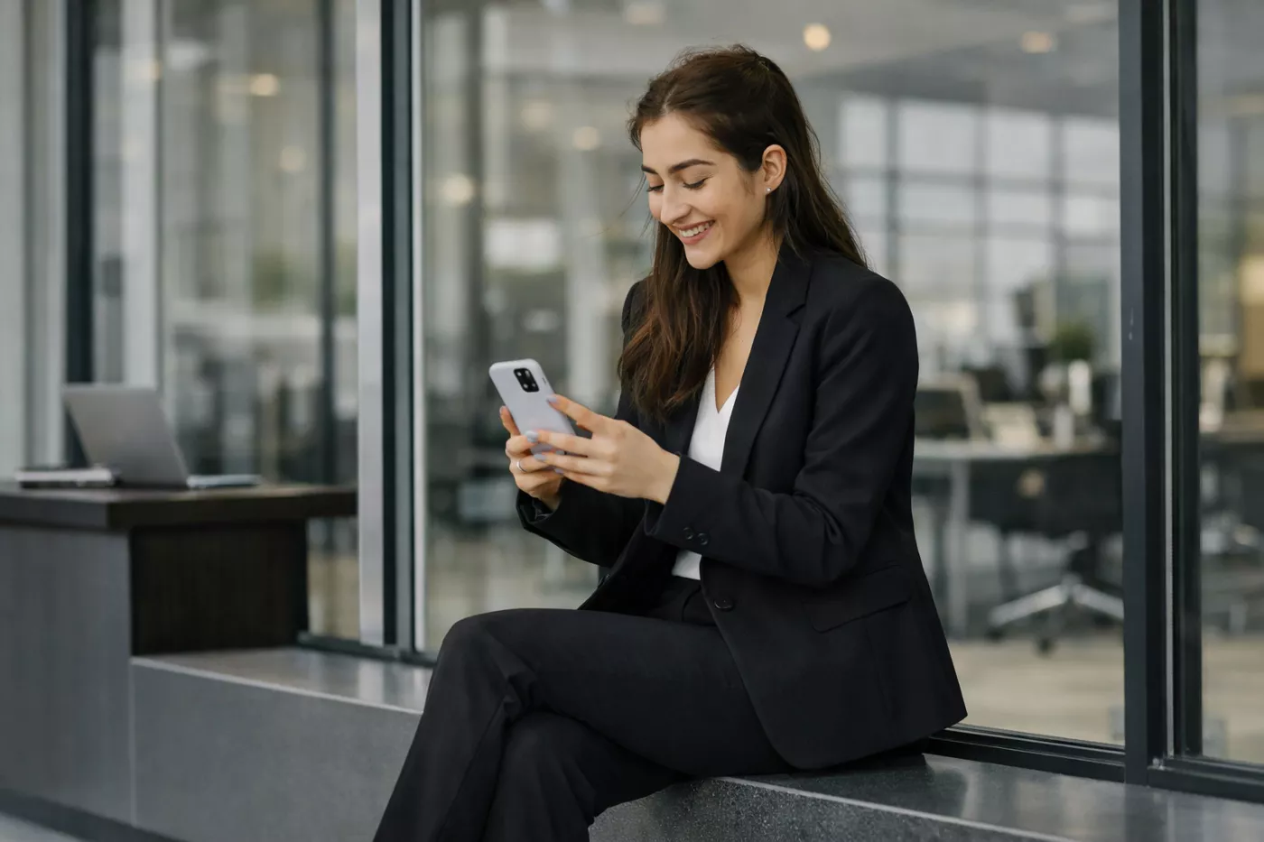 A modern B2B professional smiling while using a mobile device outside a business center, representing agile digital readiness and strategic GTM execution.